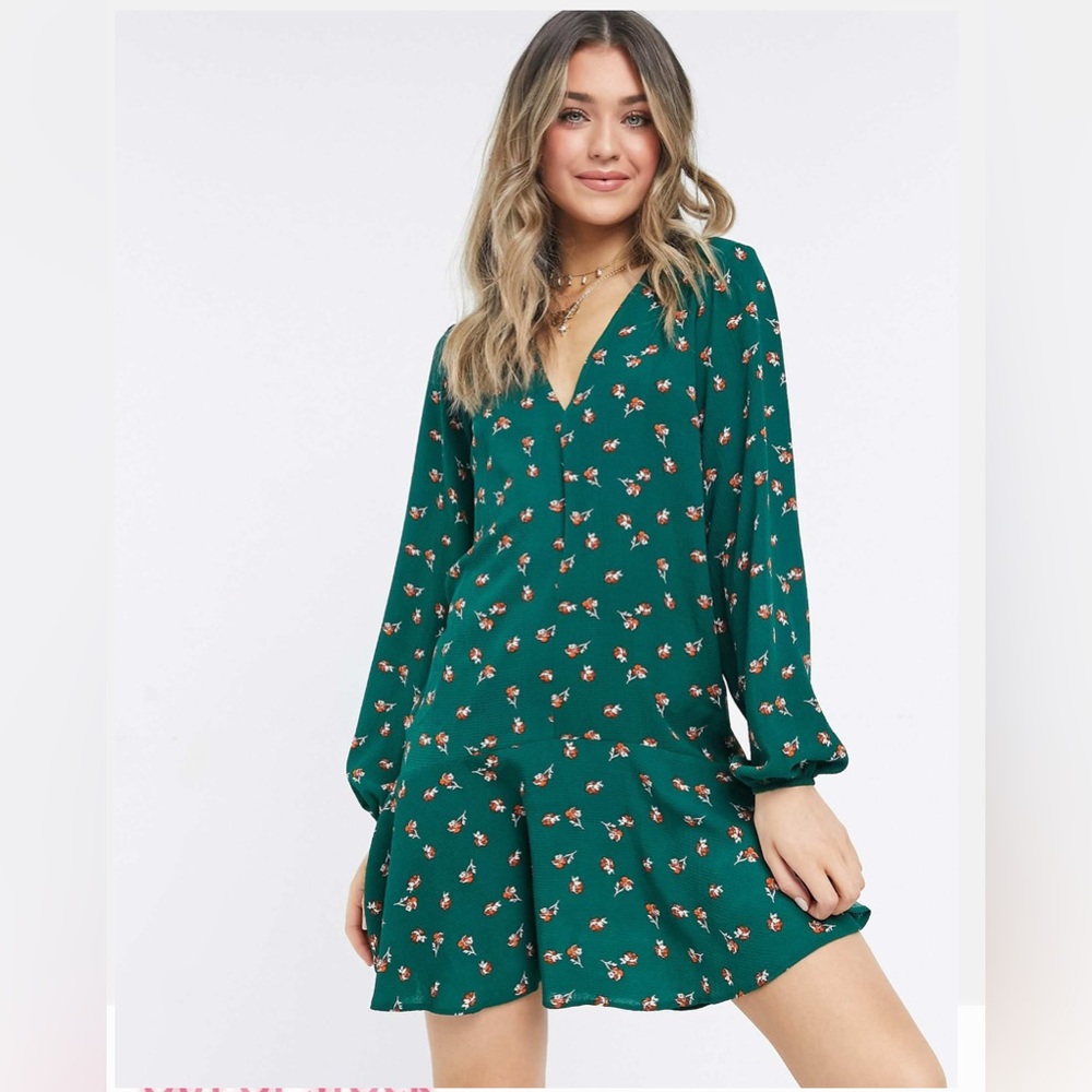 ASOS DESIGN long sleeve v neck mini dress with curved hem in green floral